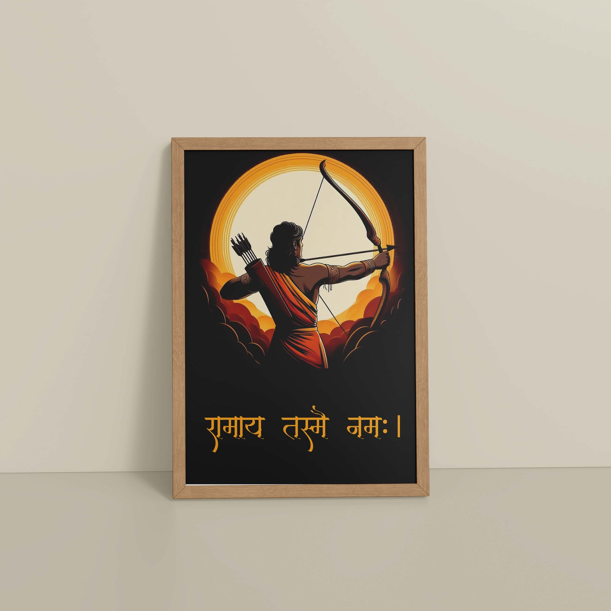 Floor View of Lord Ram with Sacred Bow – Devotional Wall Art in Natrual Color Frame