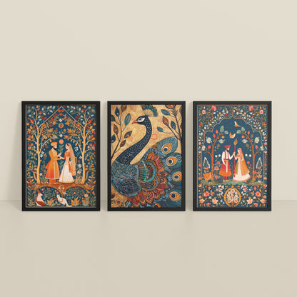 Inclined Floor View of Peacock Elegance & Raja Rani Madhubani Art Set of 3 Frames in Black Color Frame