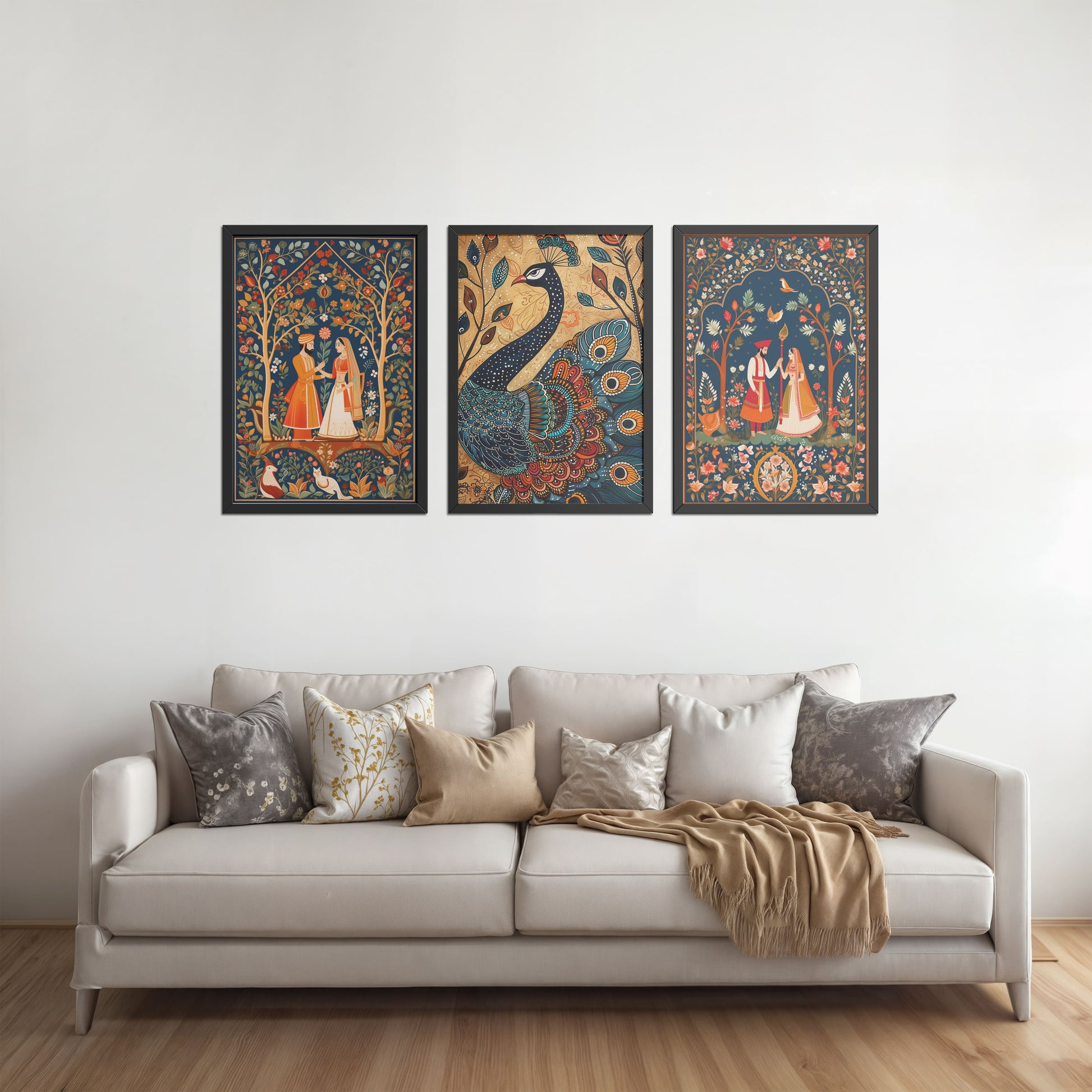 Living Room Sofa Preview of Peacock Elegance & Raja Rani Madhubani Art Set of 3 Frames in Black Color Frame