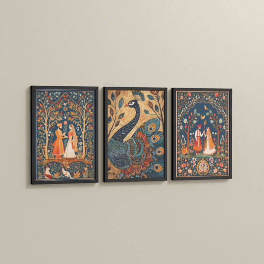 Side View of Peacock Elegance & Raja Rani Madhubani Art Set of 3 Frames in Black Color Frame