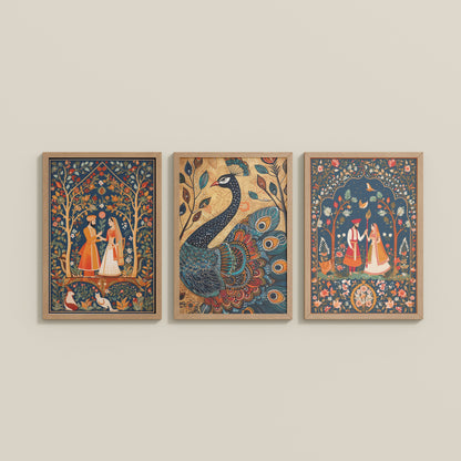 Wall View of Peacock Elegance & Raja Rani Madhubani Art Set of 3 Frames in Natrual Color Frame
