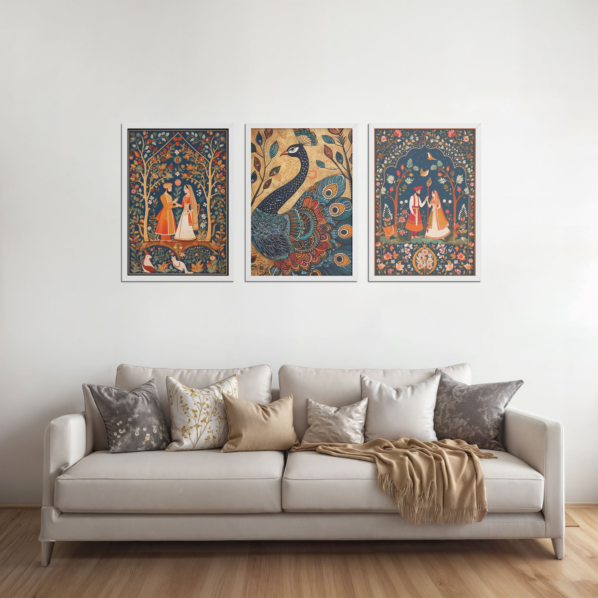 Living Room Sofa Preview of Peacock Elegance & Raja Rani Madhubani Art Set of 3 Frames in White Color Frame