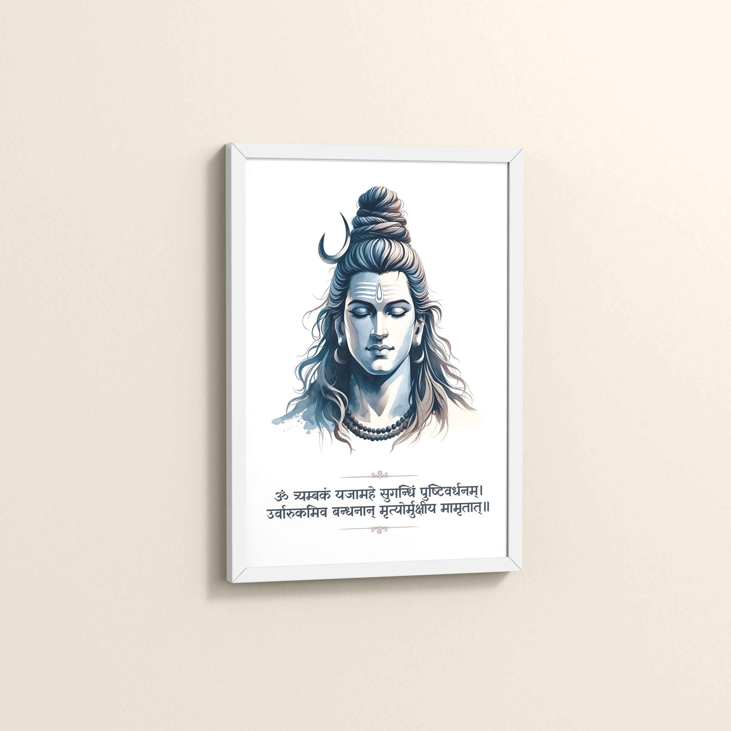 Side View of Lord Shiva Wall Art with Maha Mrityunjaya Mantra in White Color Frame