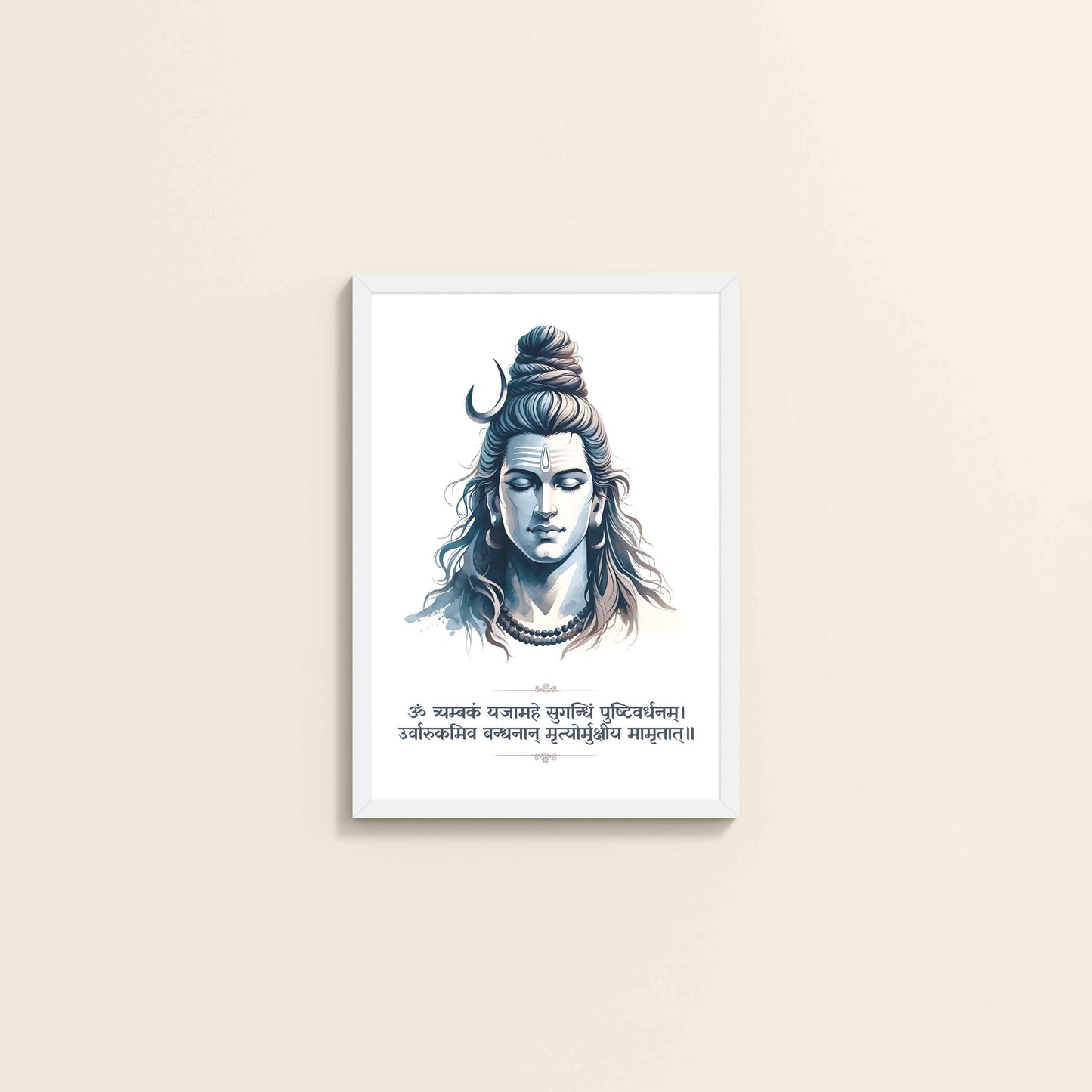 Wall View of Lord Shiva Wall Art with Maha Mrityunjaya Mantra in White Color Frame