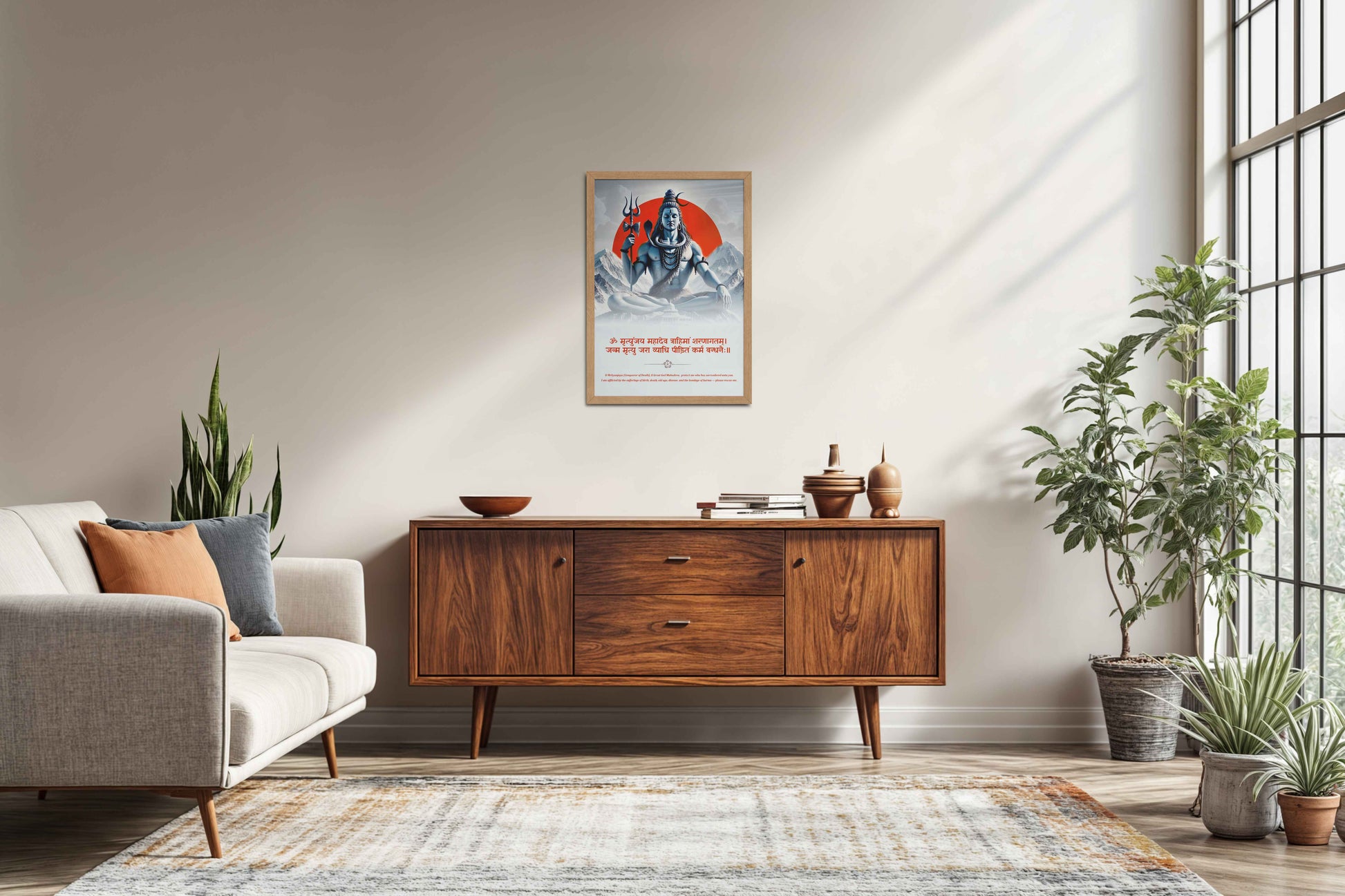 Living Room Sofa Preview of Om Tatpurushaya – Lord Shiva Spiritual Wall Decor in Natrual Color Frame