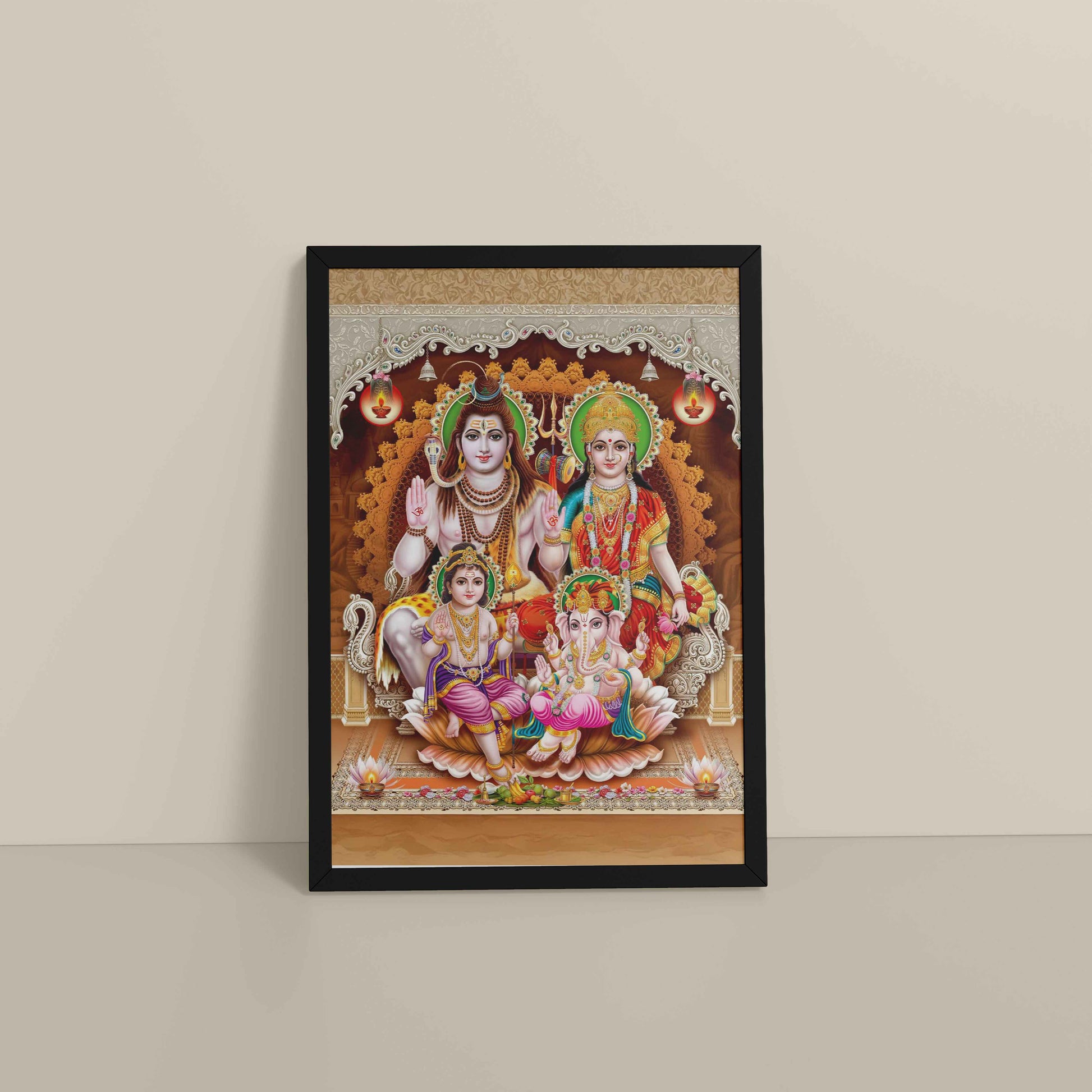 Floor View of Sacred Presence – Lord Shiva’s Divine Family in the Himalayas Wall Art in Black Color Frame