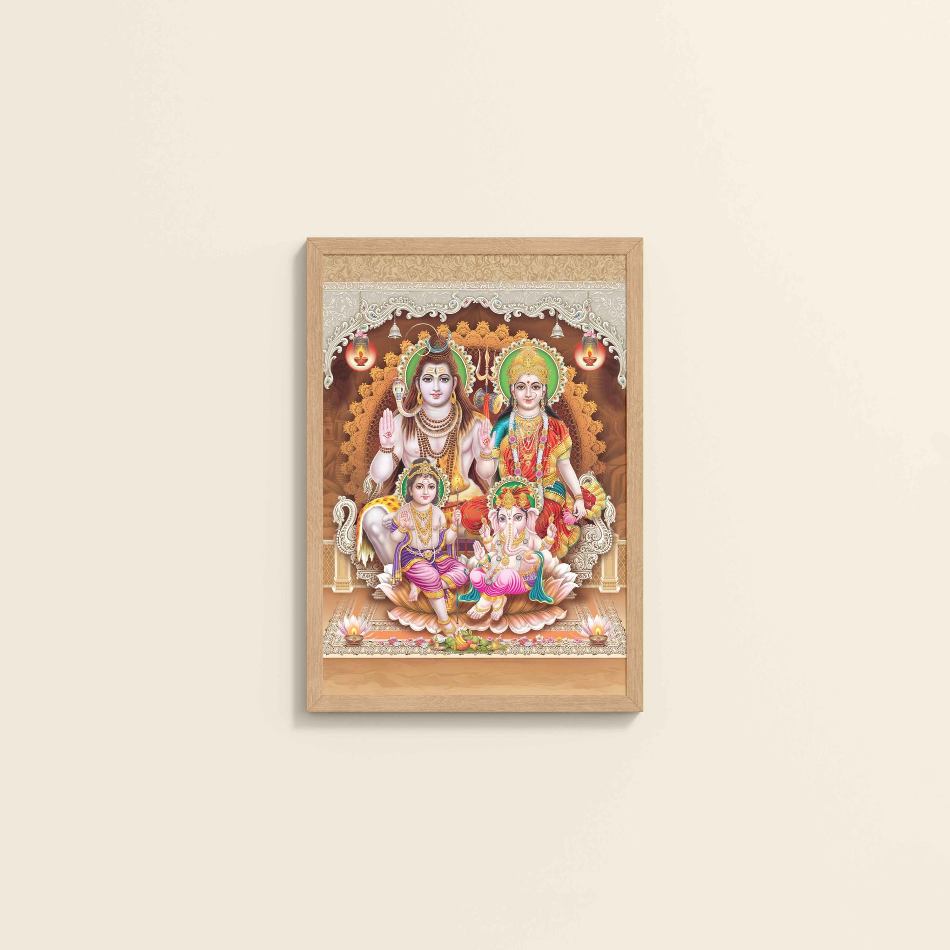 Wall View of Sacred Presence – Lord Shiva’s Divine Family in the Himalayas Wall Art in Natrual Color Frame