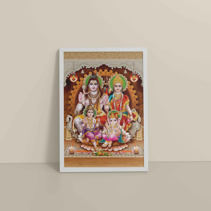Floor View of Sacred Presence – Lord Shiva’s Divine Family in the Himalayas Wall Art in White Color Frame