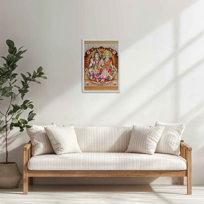 Living Room Cabinet Table Preview of Sacred Presence – Lord Shiva’s Divine Family in the Himalayas Wall Art in White Color Frame