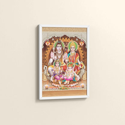 Side View of Sacred Presence – Lord Shiva’s Divine Family in the Himalayas Wall Art in White Color Frame