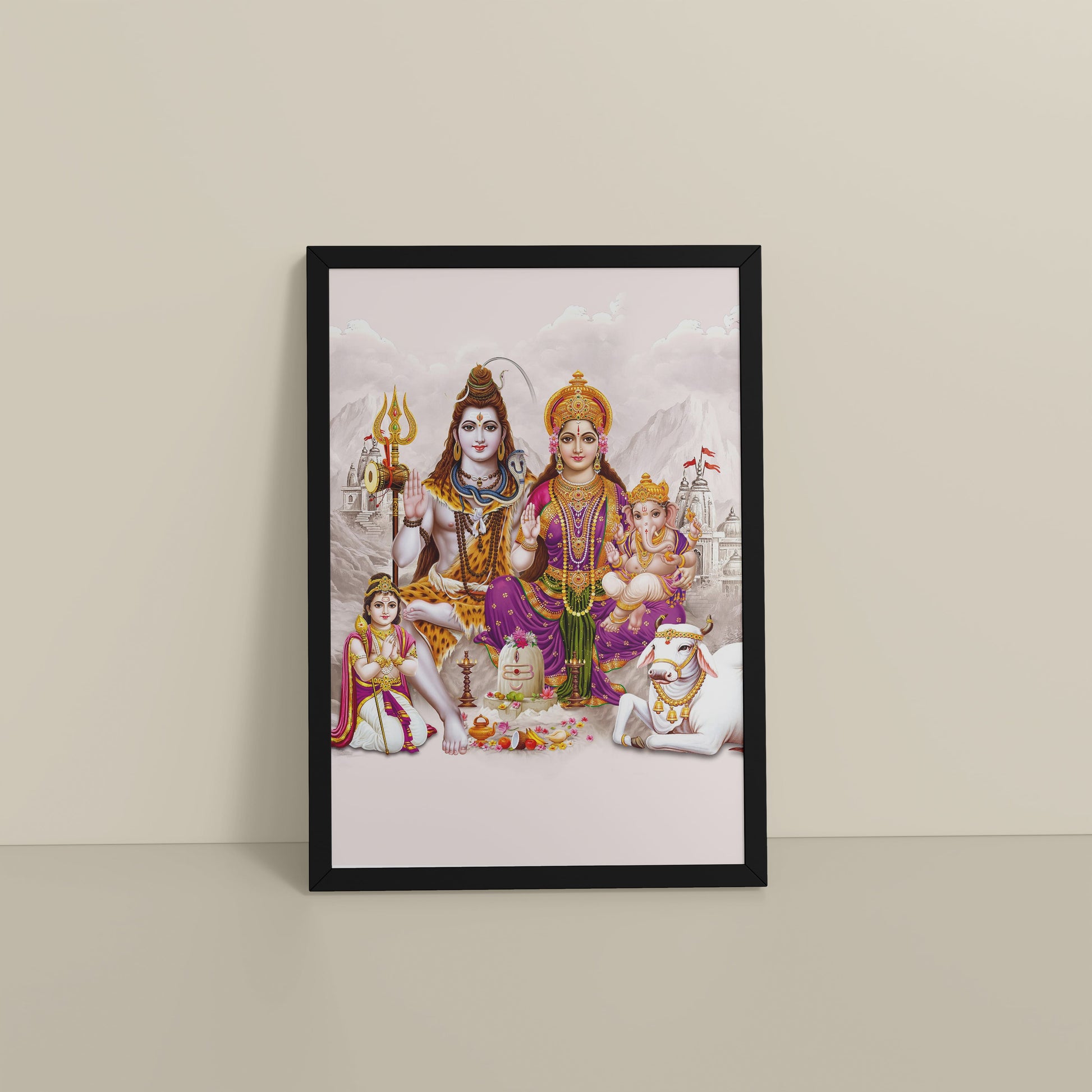 Floor View of Sacred Union – Divine Family Seated on Nandi Wall Art in Black Color Frame