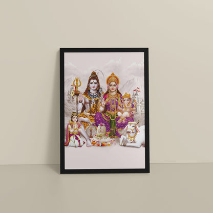 Floor View of Sacred Union – Divine Family Seated on Nandi Wall Art in Black Color Frame