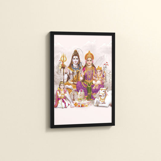 Side View of Sacred Union – Divine Family Seated on Nandi Wall Art in Black Color Frame