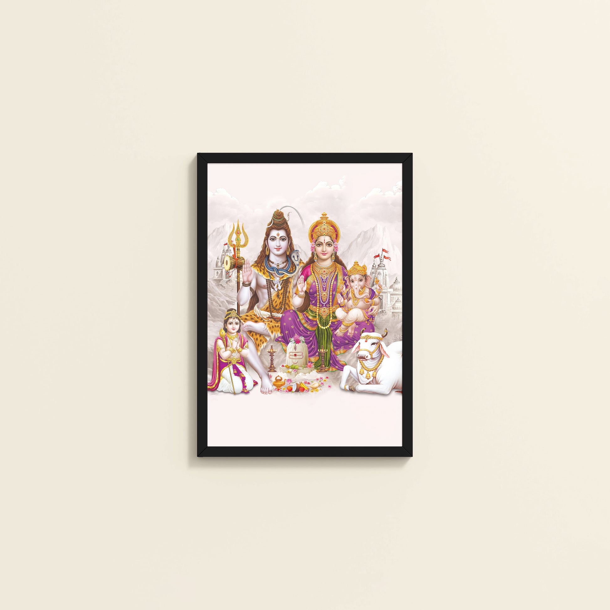 Wall View of Sacred Union – Divine Family Seated on Nandi Wall Art in Black Color Frame