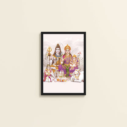Wall View of Sacred Union – Divine Family Seated on Nandi Wall Art in Black Color Frame