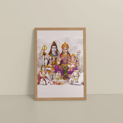 Floor View of Sacred Union – Divine Family Seated on Nandi Wall Art in Natrual Color Frame