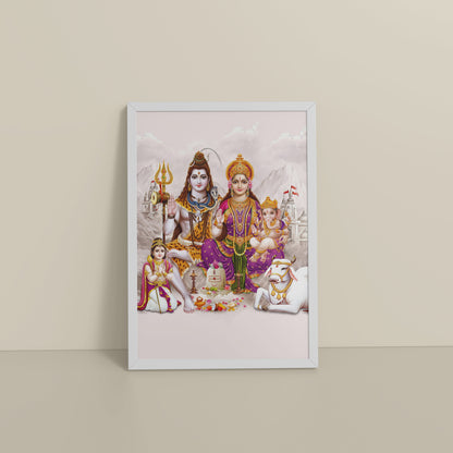 Floor View of Sacred Union – Divine Family Seated on Nandi Wall Art in White Color Frame