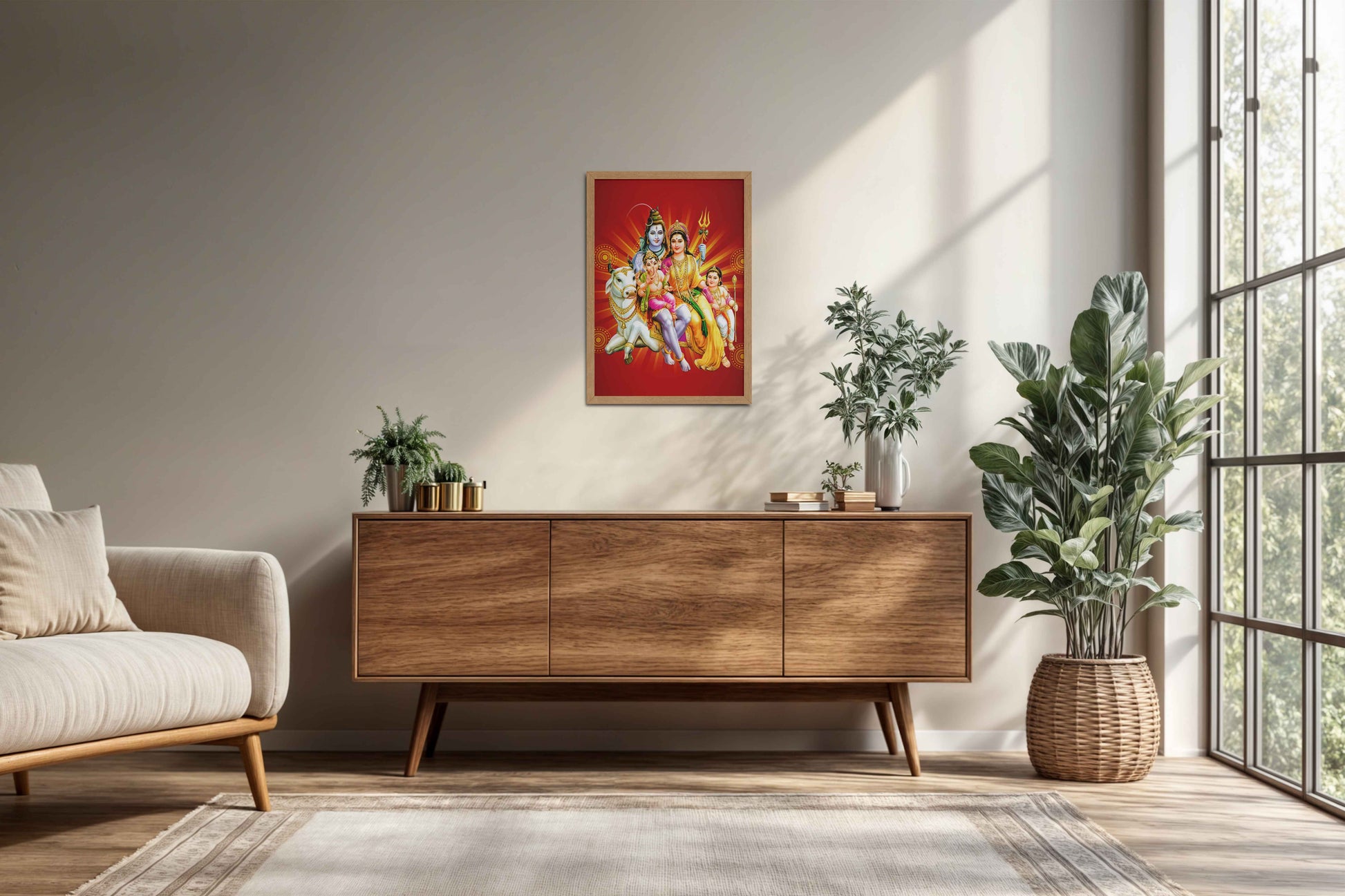 Living Room Cabinet Preview of Kapoor Gauram Mantra – Lord Shiva & Parvatimata Wall Art in Natrual Color Frame