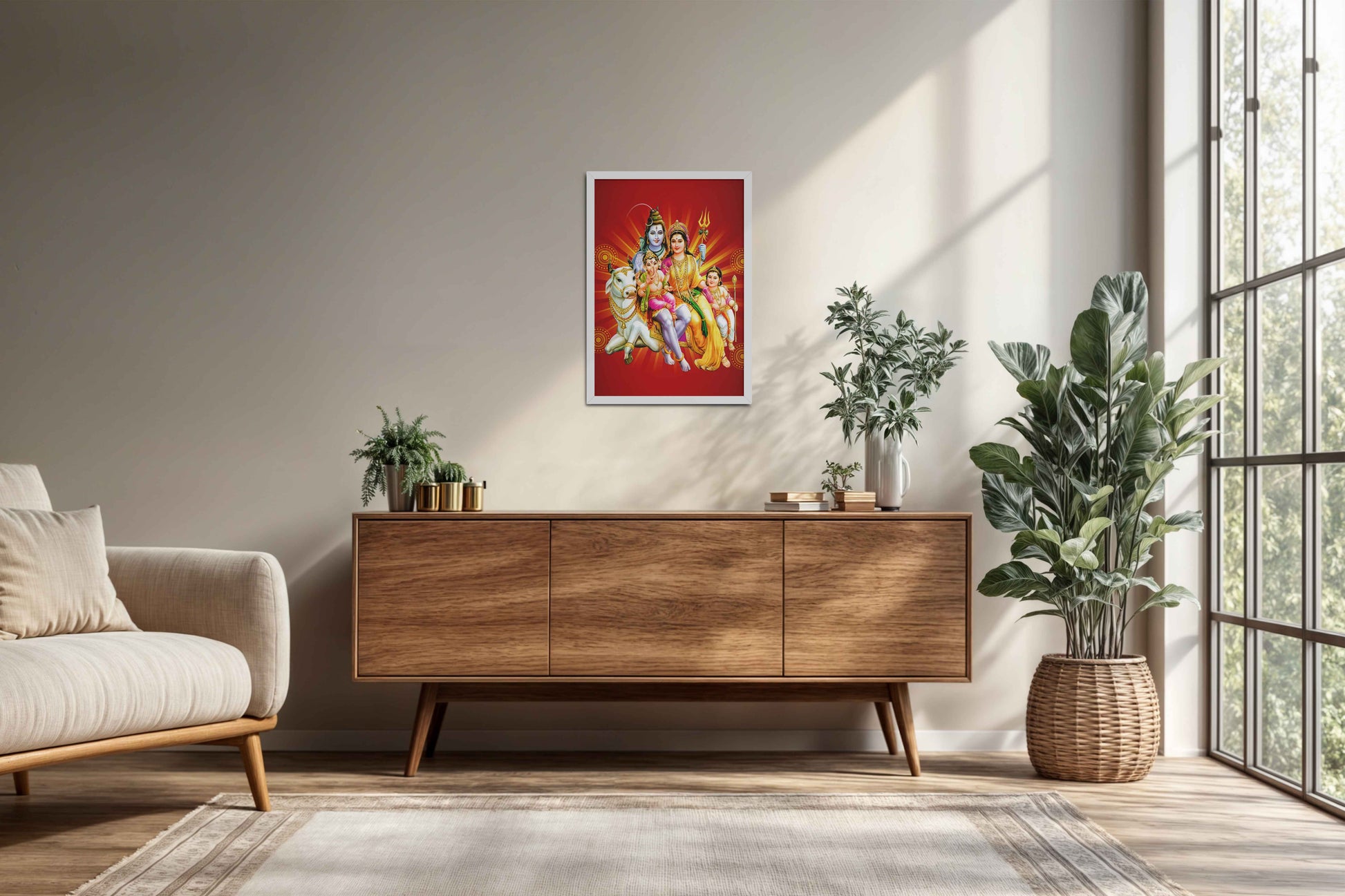 Living Room Cabinet Preview of Kapoor Gauram Mantra – Lord Shiva & Parvatimata Wall Art in White Color Frame