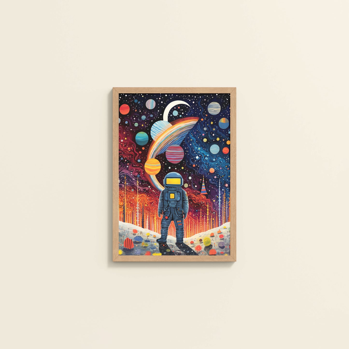 Wall View of Astronaut Escape – Space Adventure Wall Painting Frame in Natrual Color Frame