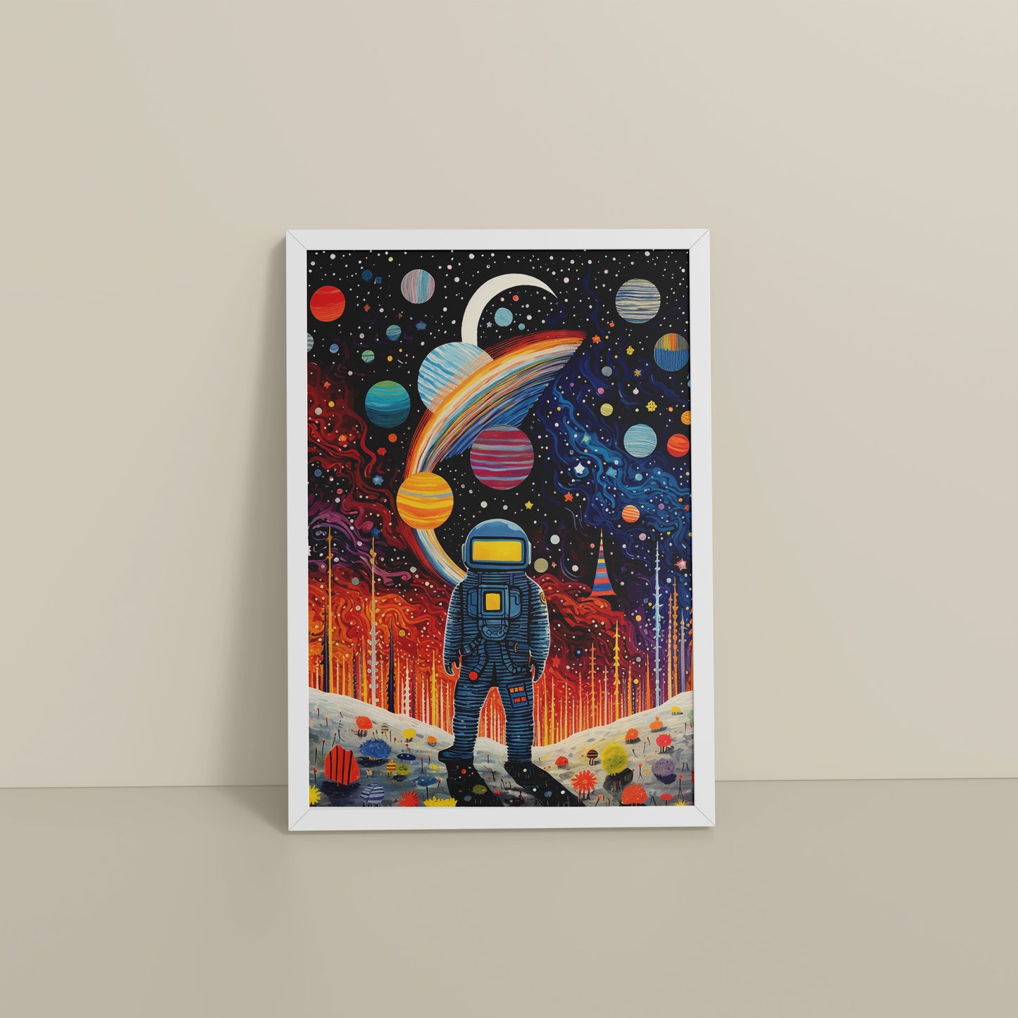 Floor View of Astronaut Escape – Space Adventure Wall Painting Frame in White Color Frame