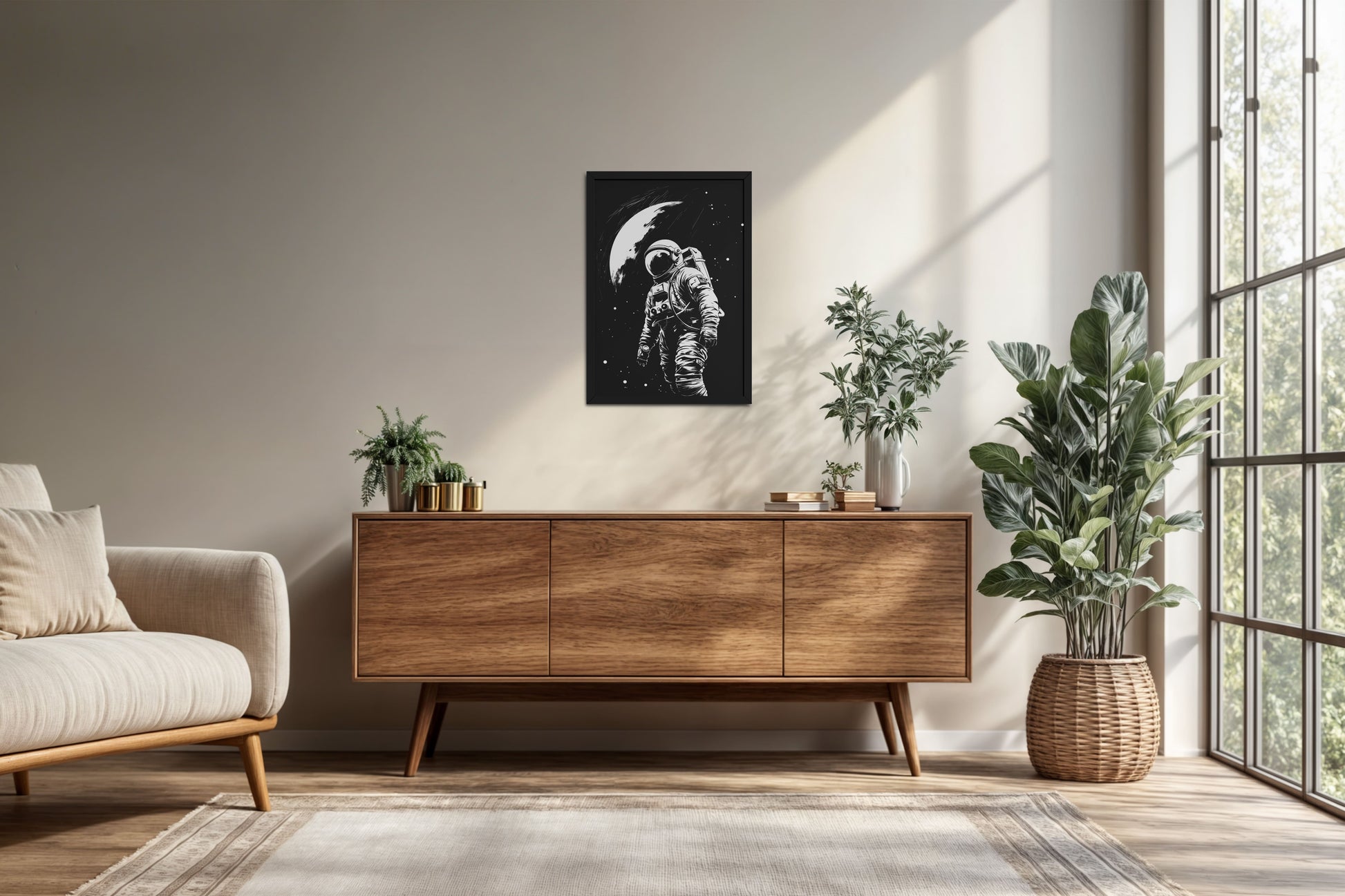 Living Room Cabinet Preview of Zero Gravity – Astronaut in the Void Wall Frame in Black Color Frame