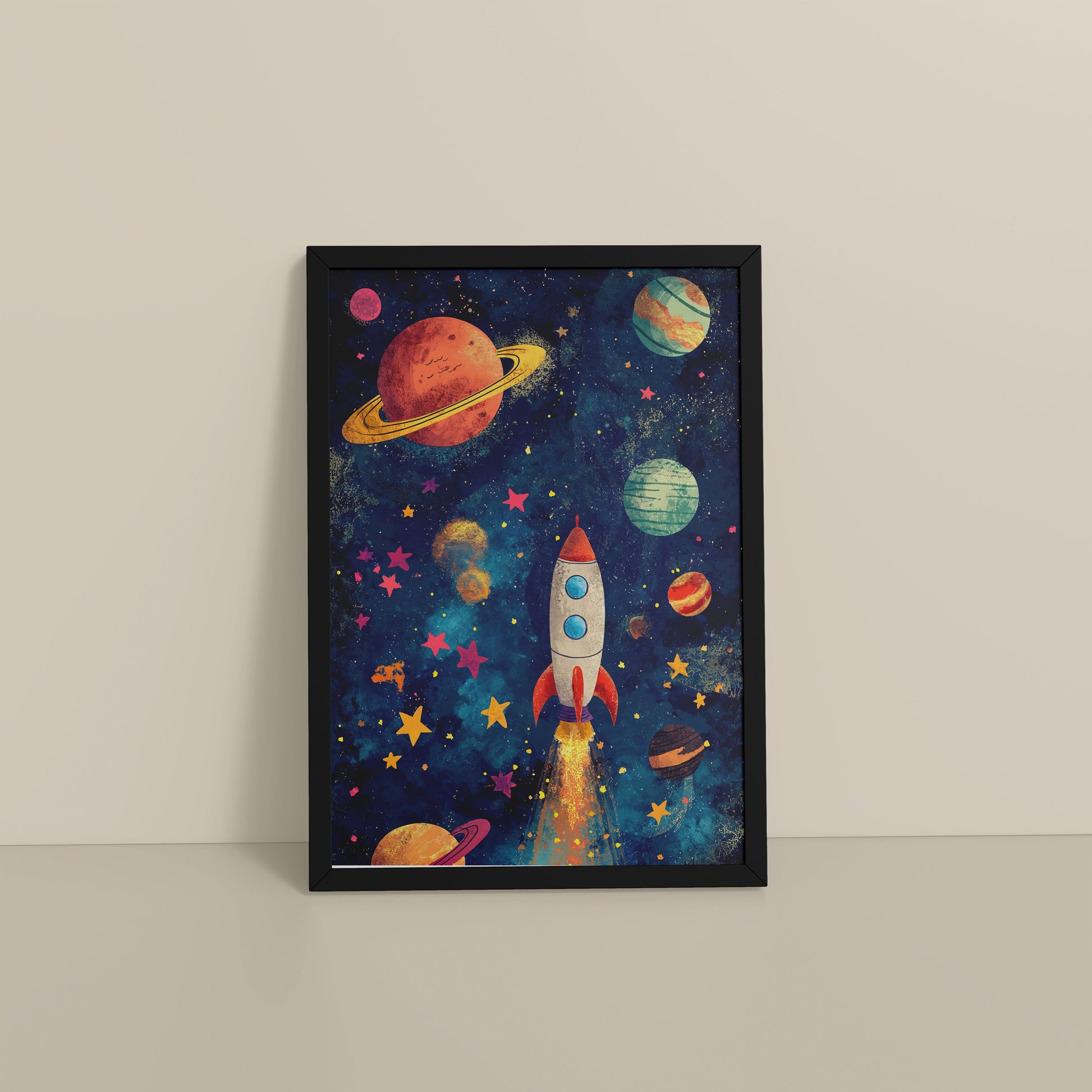 Floor View of Cosmic Launch – Rocket in Space Wall Art Frame in Black Color Frame