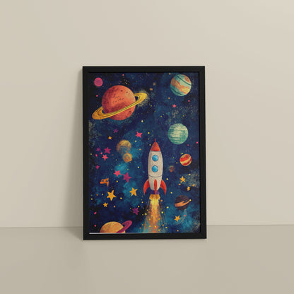 Floor View of Cosmic Launch – Rocket in Space Wall Art Frame in Black Color Frame