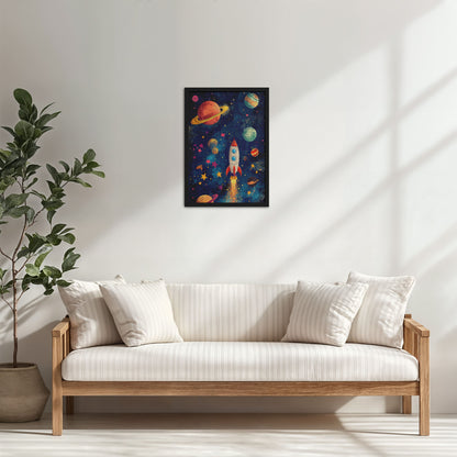 Living Room Cabinet Table Preview of Cosmic Launch – Rocket in Space Wall Art Frame in Black Color Frame