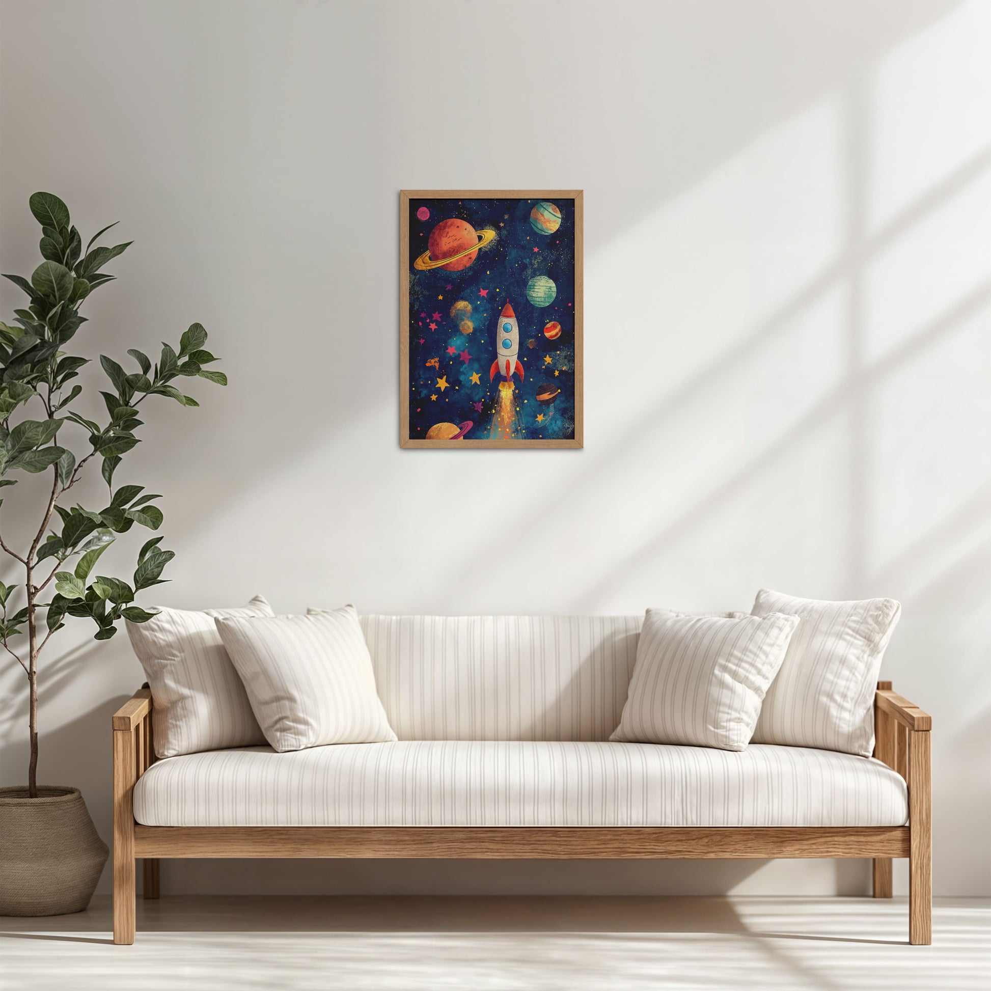 Living Room Cabinet Table Preview of Cosmic Launch – Rocket in Space Wall Art Frame in Natrual Color Frame