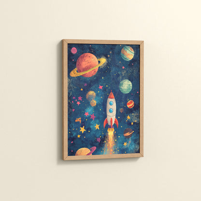 Side View of Cosmic Launch – Rocket in Space Wall Art Frame in Natrual Color Frame