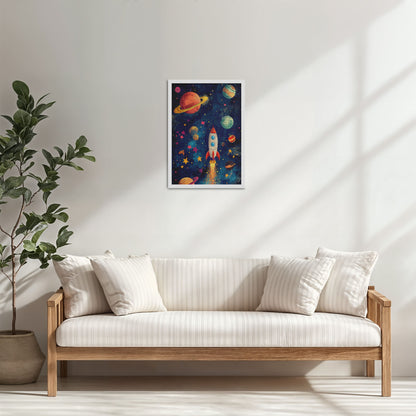 Living Room Cabinet Table Preview of Cosmic Launch – Rocket in Space Wall Art Frame in White Color Frame