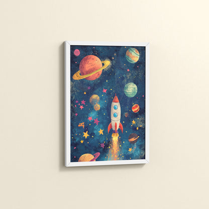 Side View of Cosmic Launch – Rocket in Space Wall Art Frame in White Color Frame
