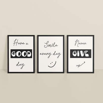 Inclined Floor View of Good Vibes – Daily Motivational Set of 3 Frames in Black Color Frame