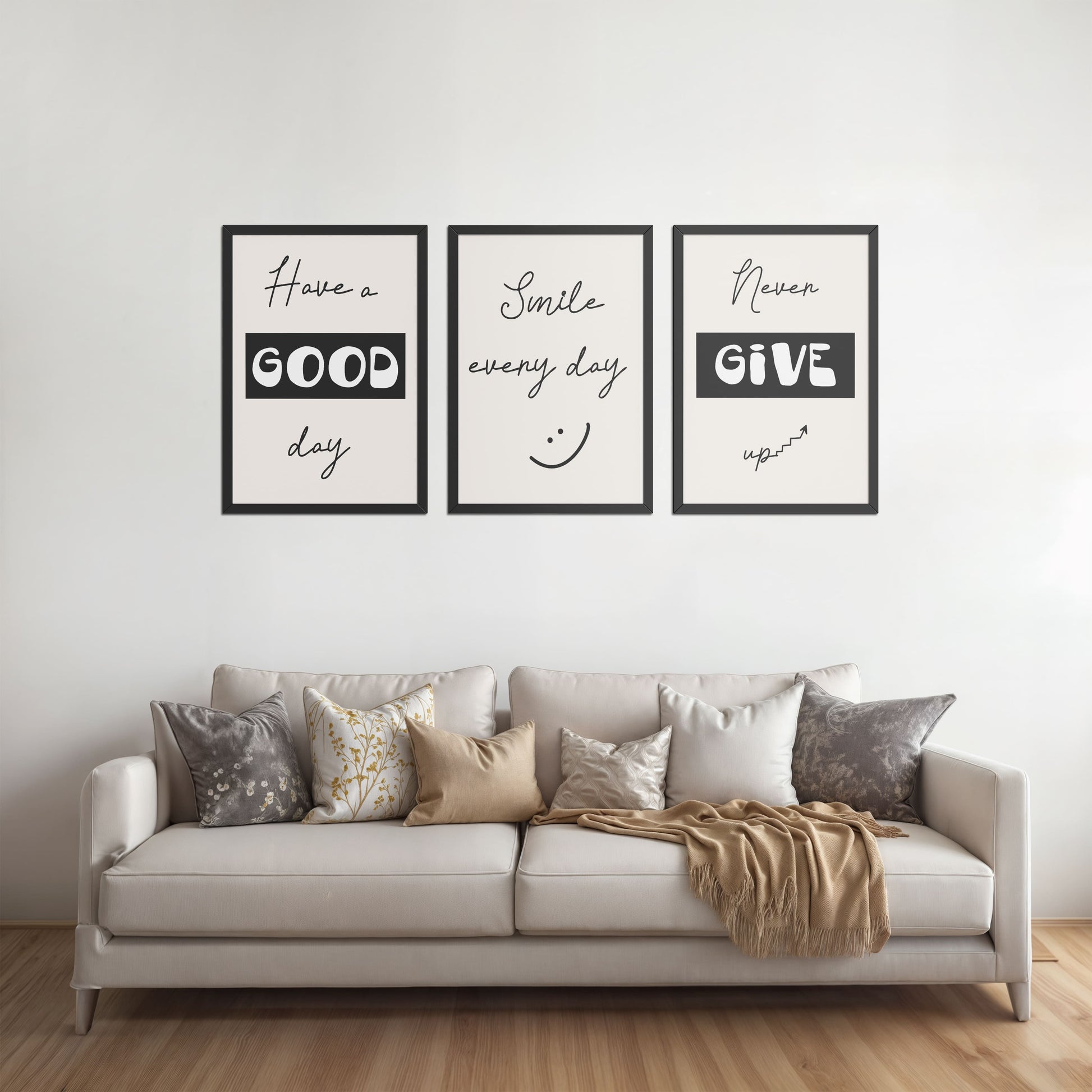 Living Room Sofa Preview of Good Vibes – Daily Motivational Set of 3 Frames in Black Color Frame