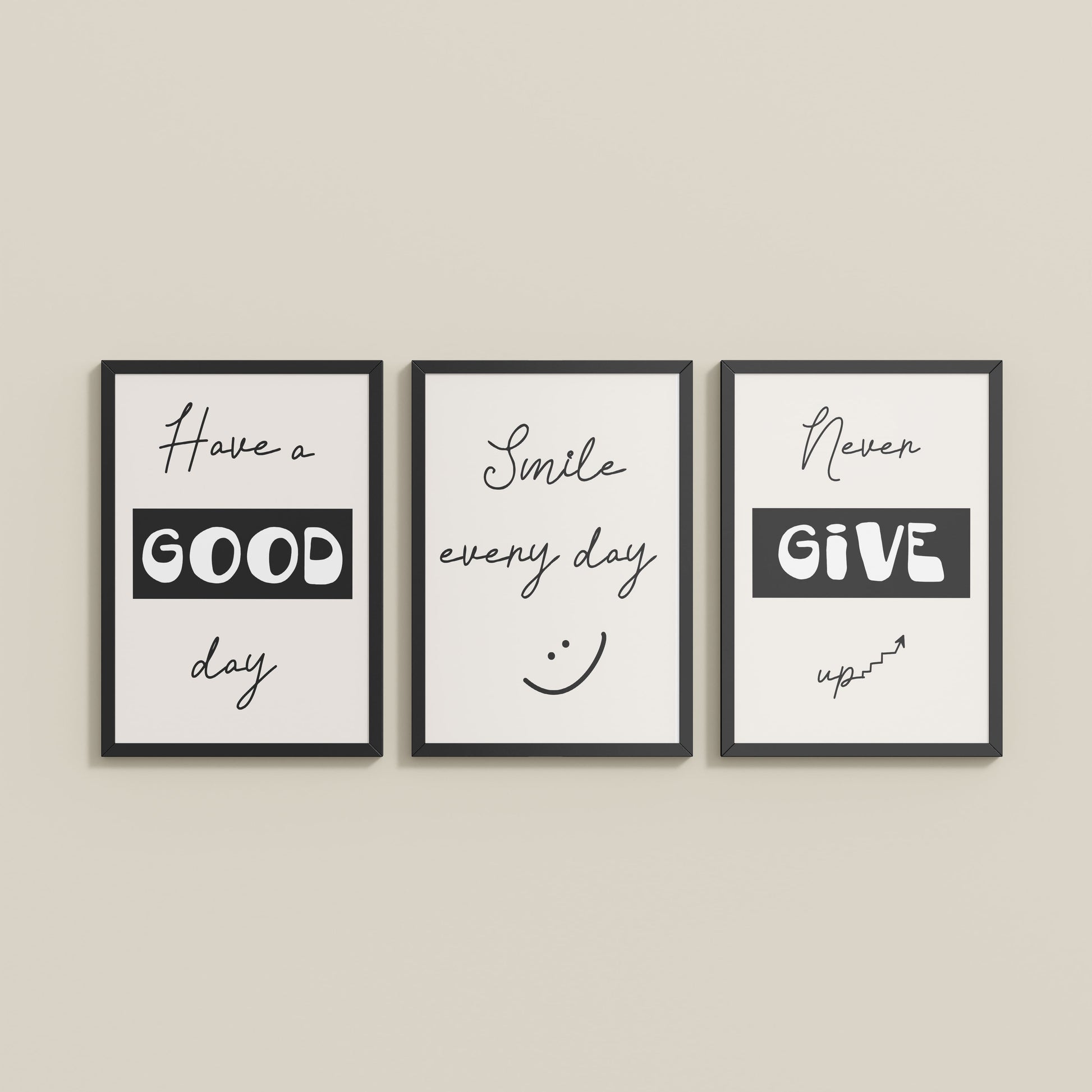 Wall View of Good Vibes – Daily Motivational Set of 3 Frames in Black Color Frame