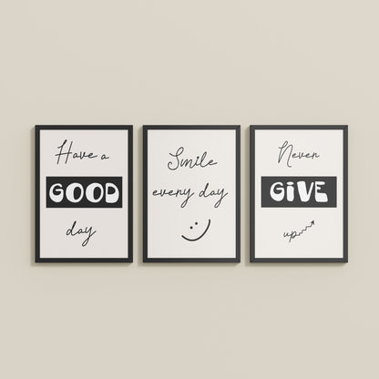 Wall View of Good Vibes – Daily Motivational Set of 3 Frames in Black Color Frame