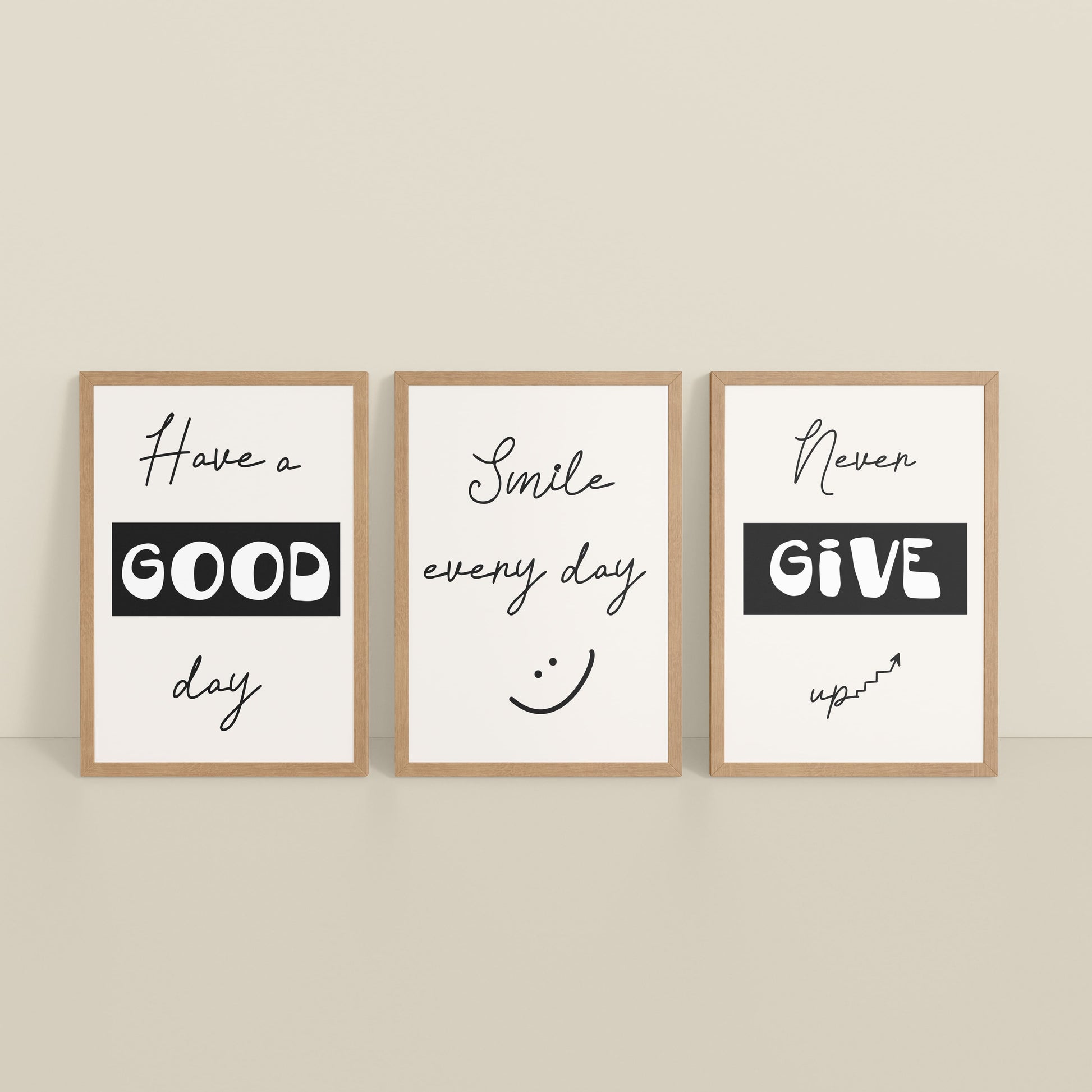Inclined Floor View of Good Vibes – Daily Motivational Set of 3 Frames in Natrual Color Frame