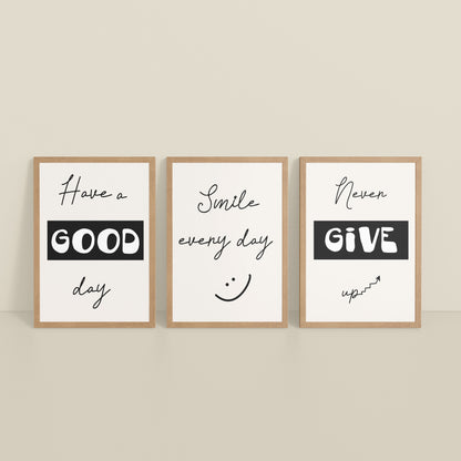 Inclined Floor View of Good Vibes – Daily Motivational Set of 3 Frames in Natrual Color Frame