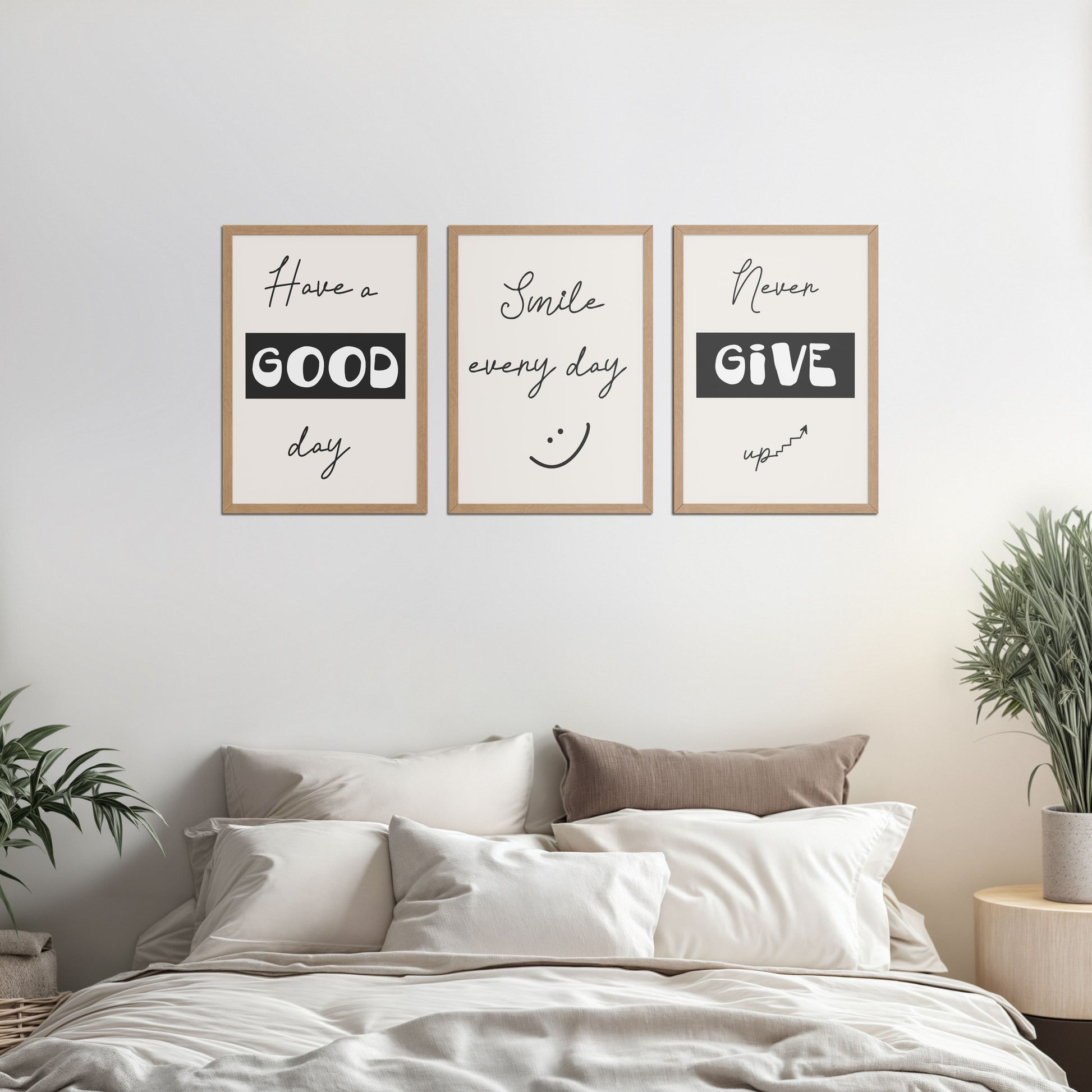 Bed Room Preview of Good Vibes – Daily Motivational Set of 3 Frames in Natrual Color Frame