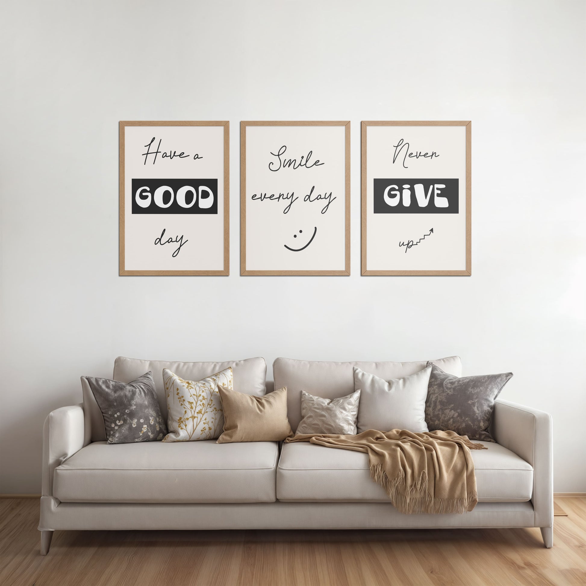 Living Room Sofa Preview of Good Vibes – Daily Motivational Set of 3 Frames in Natrual Color Frame