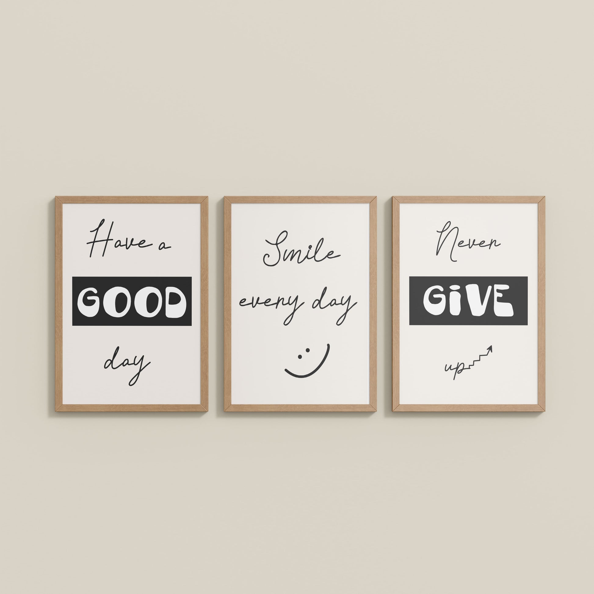 Wall View of Good Vibes – Daily Motivational Set of 3 Frames in Natrual Color Frame