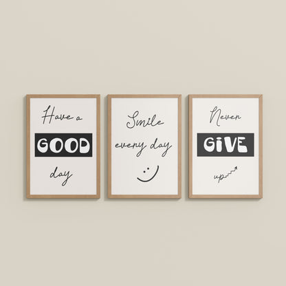 Wall View of Good Vibes – Daily Motivational Set of 3 Frames in Natrual Color Frame
