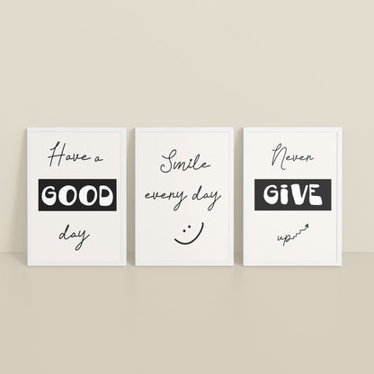 Inclined Floor View of Good Vibes – Daily Motivational Set of 3 Frames in White Color Frame