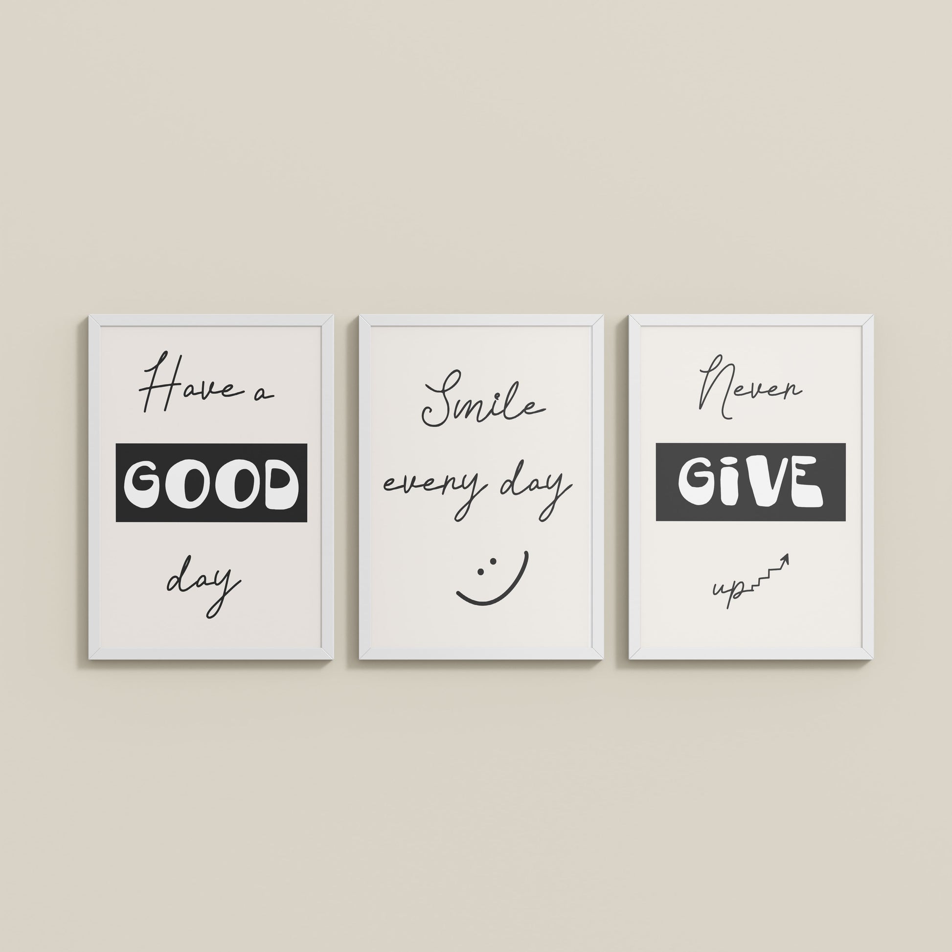Wall View of Good Vibes – Daily Motivational Set of 3 Frames in White Color Frame