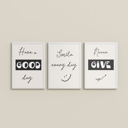 Wall View of Good Vibes – Daily Motivational Set of 3 Frames in White Color Frame