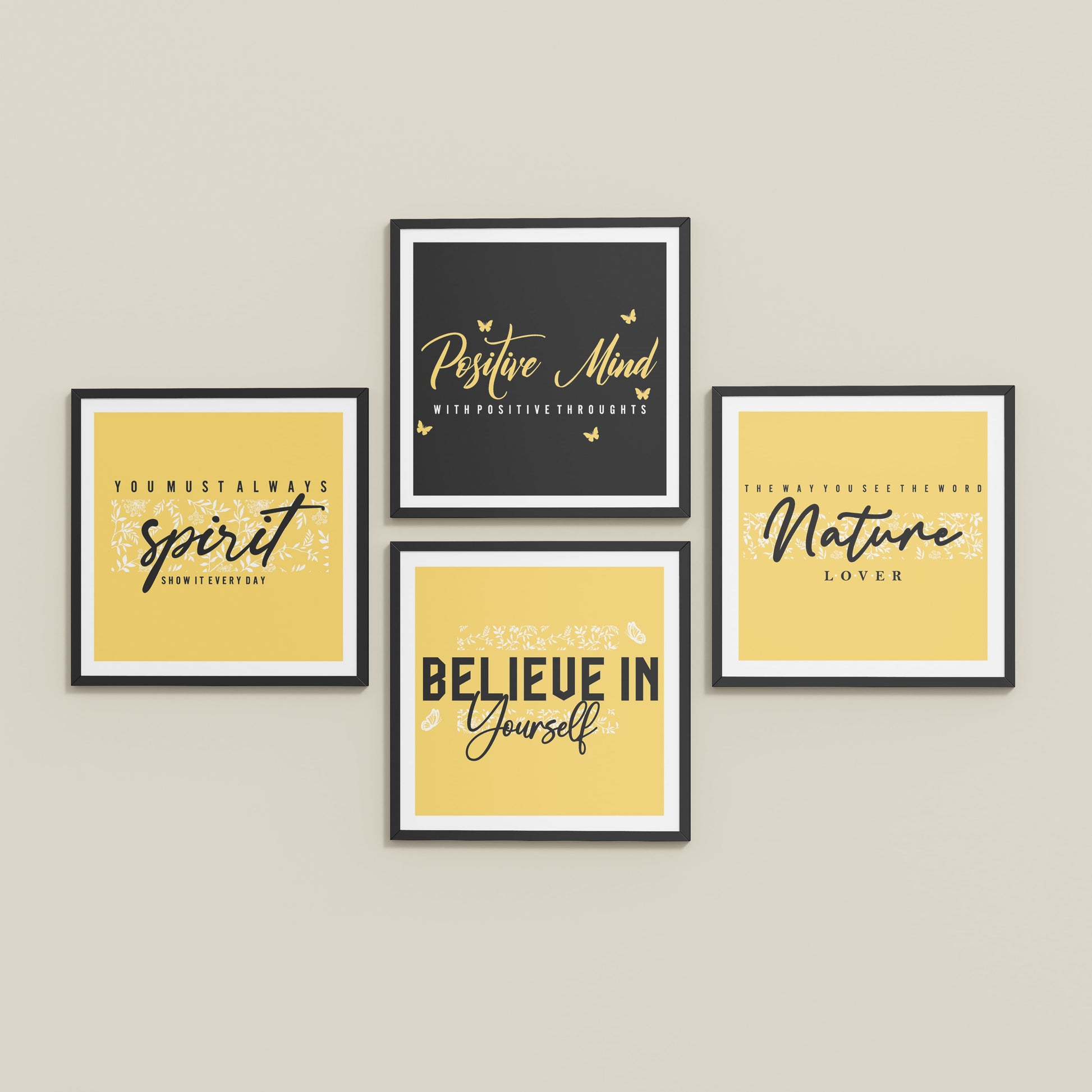 Inclined Floor View of Nature & Self-Belief Wall Art Set of 4 Frames in Black Color Frame