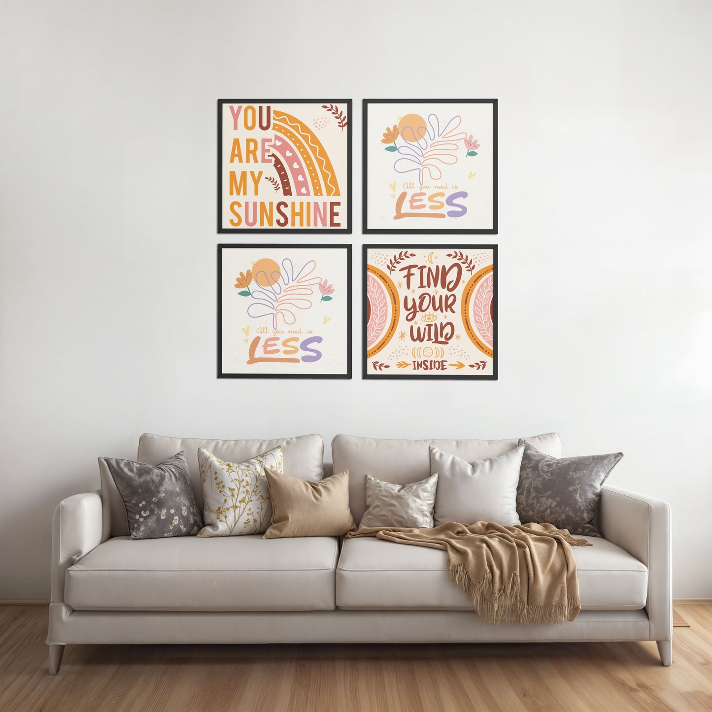 Bed Room Preview of Sunshine Vibes Inspirational Quotes Set of 4 Frames in Black Color Frame