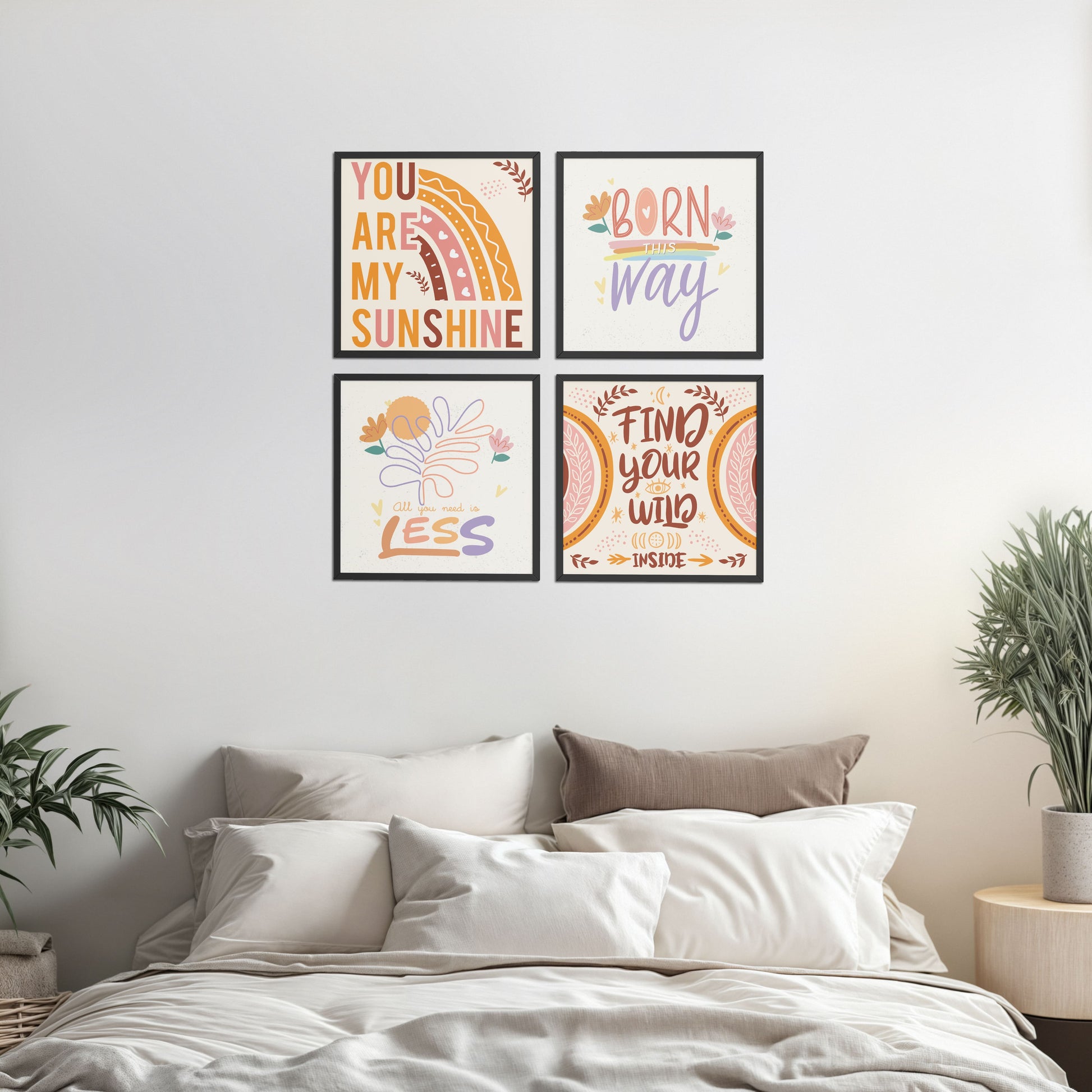 Living Room Sofa Preview of Sunshine Vibes Inspirational Quotes Set of 4 Frames in Black Color Frame