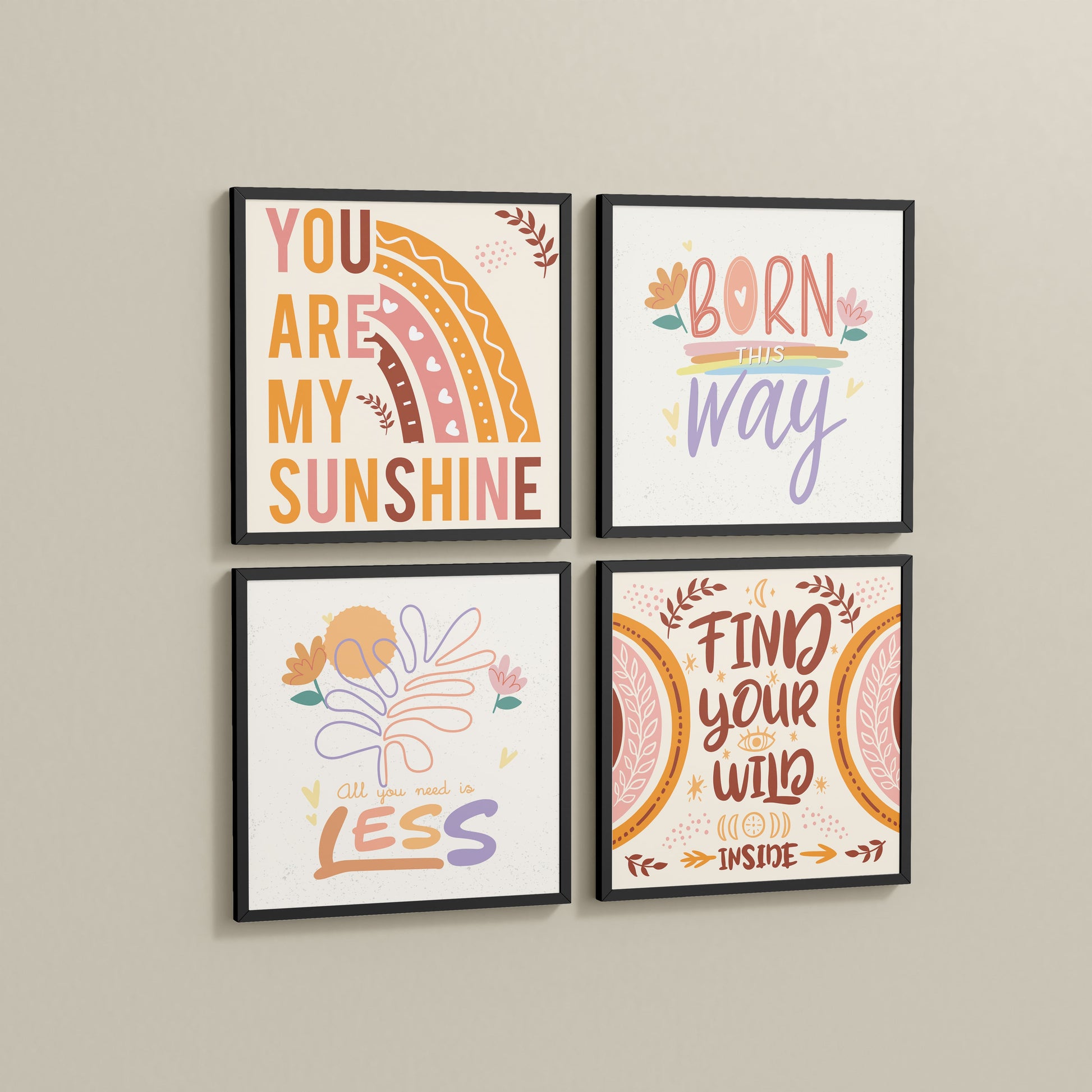 Side View of Sunshine Vibes Inspirational Quotes Set of 4 Frames in Black Color Frame